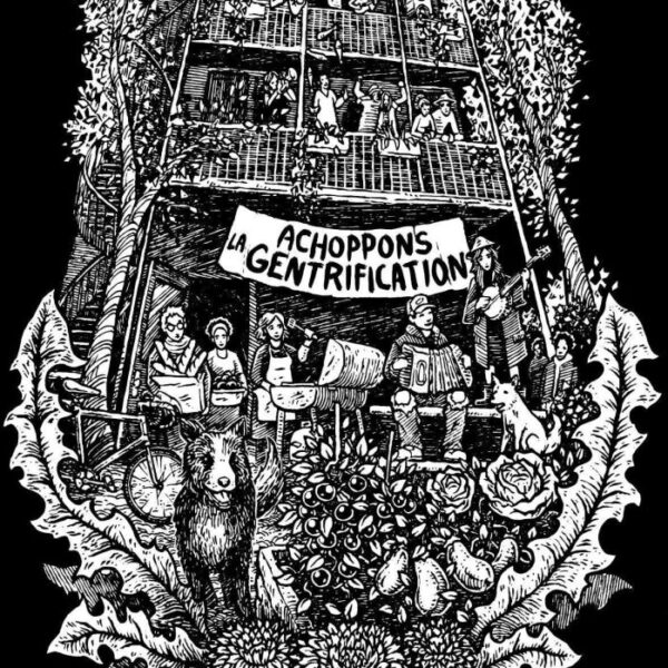 Belle gravure de la bâtisse de l'Achoppe, avec des jardins luxuriants et des habitant-es bienheureux-ses